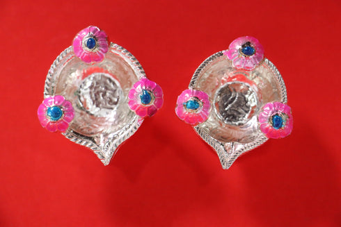 Pure Silver Fancy Diya With Pink Flowers 19.72g